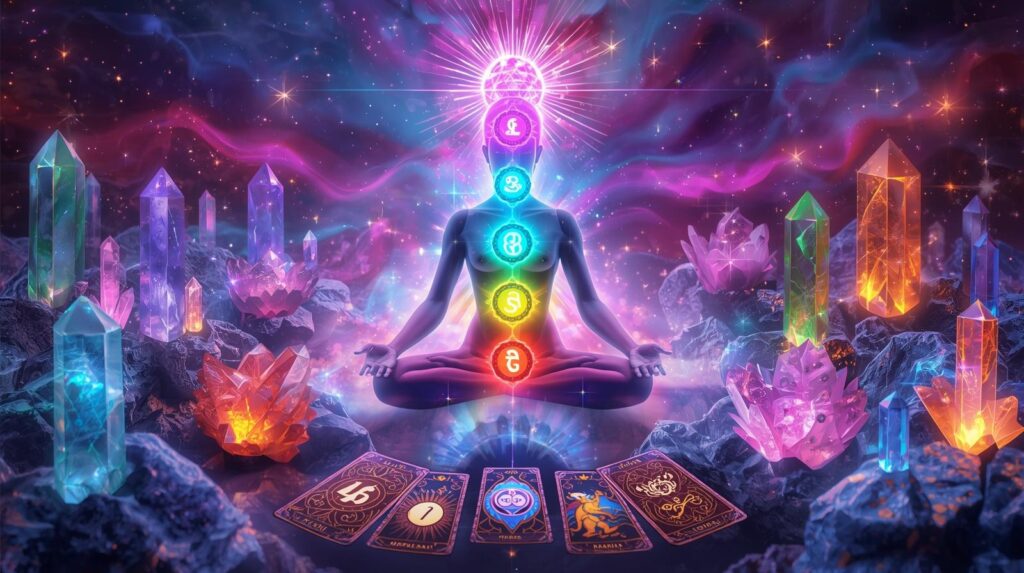 generate a cgi image showing seven chakras and different types of crystals aradiating shine rays and energy alongwith tarot cards numerology ess