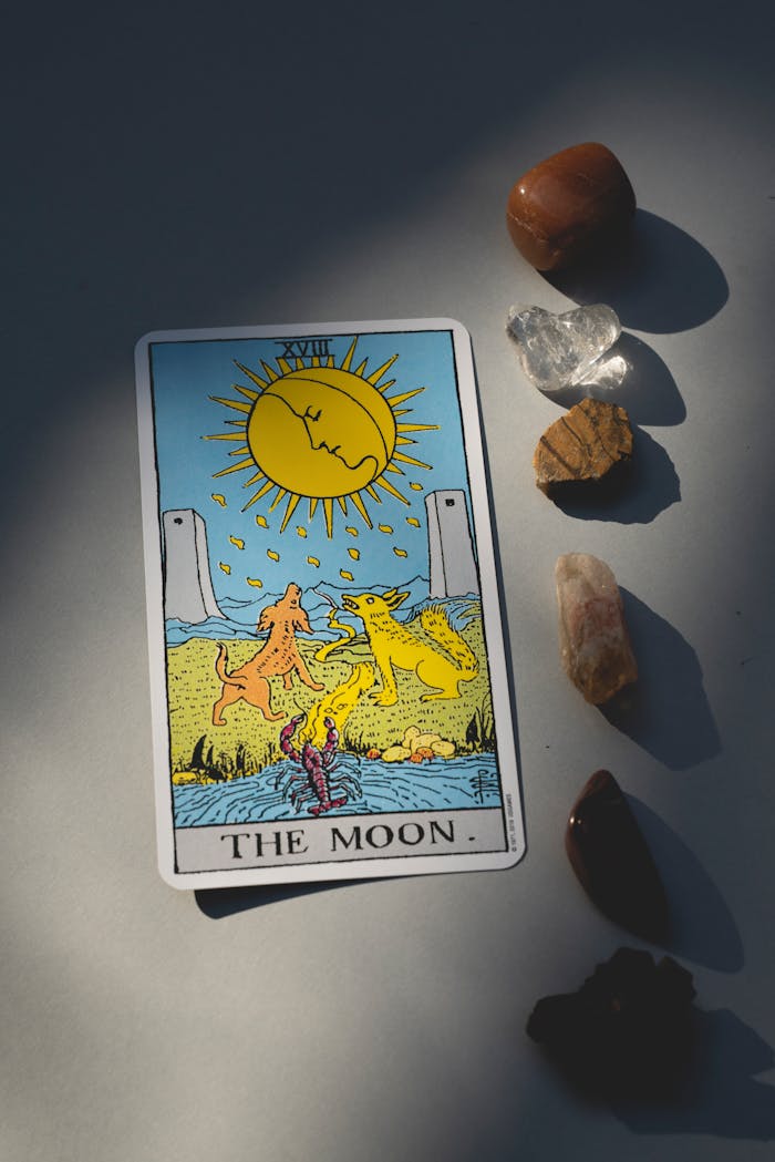 who-we-are A tarot card depicting the moon with healing crystals arranged beside it, capturing light and shadow.